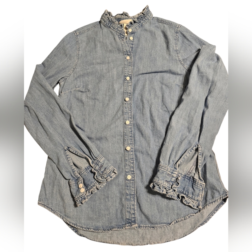 H&M Women's XS Light Wash Ruffle Fringe Denim Button-Up Shirt